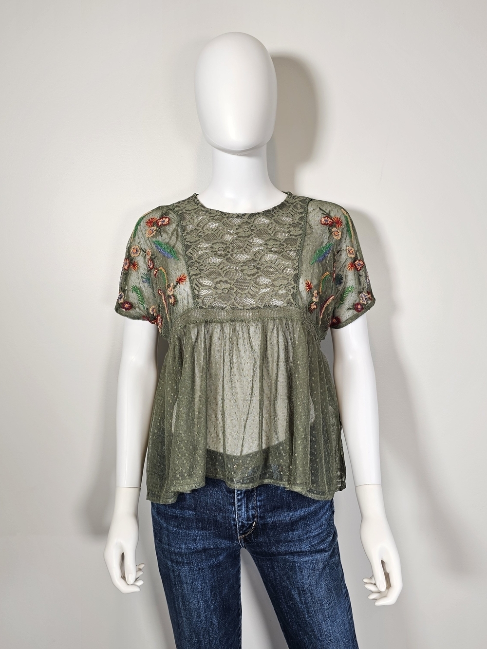 Zara Olive Green Floral Embroidered Lace Peplum Blouse Sz M